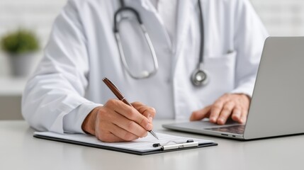 Doctor in White Coat Taking Notes on Clipboard While Using Laptop in Modern Medical Office Environment for Telehealth Consultation or Patient Documentation