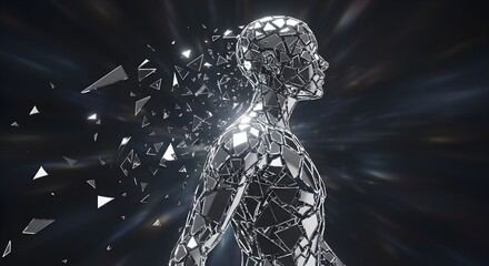 Abstract shattered human form dissolving into light and fragments, symbolizing transformation