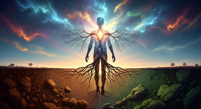 Stunning human form connecting earth and cosmos with vibrant energy and deep roots