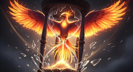 Fiery phoenix emerges from shattered hourglass, symbolizing rebirth and powerful transformation