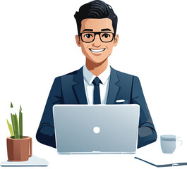 A smiling, well-dressed businessman wearing glasses sits at a desk with a laptop, a potted plant, and a coffee cup, ready to work.