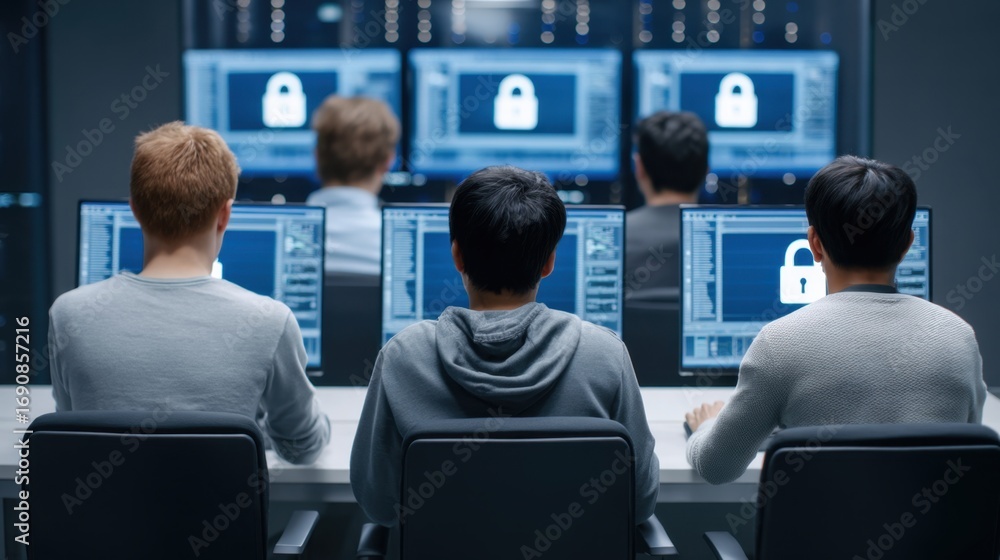 Aufkleber cybersecurity team working in office with monitors showing lock icons during data protection exercis