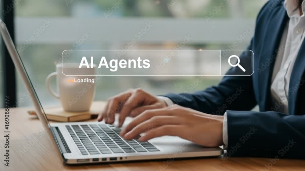 Poster dynamic ai agent search on modern laptop with loading animation showing progress in innovative workp