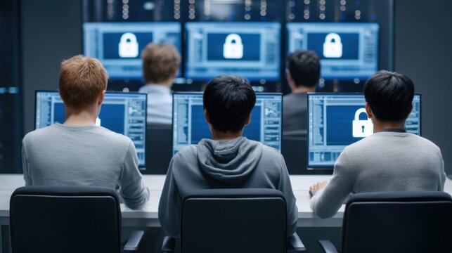 Cybersecurity Team Working in Office with Monitors Showing Lock Icons during Data Protection Exercises and Threat Analysis Sessions