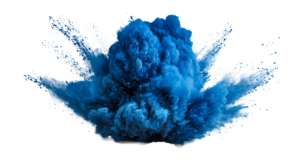 Energetic burst of vibrant blue powder exploding against a white background, cut out transparent