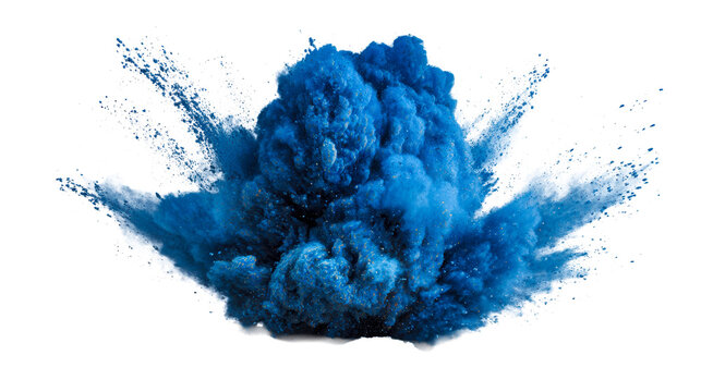 Energetic burst of vibrant blue powder exploding against a white background, cut out transparent