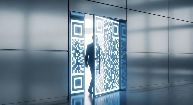 Man steps through glowing QR code doorway into modern digital future