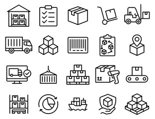 A set of icons for a warehouse or shipping company. The icons include a truck, forklift, and boxes. vector. Editabler stroke.
