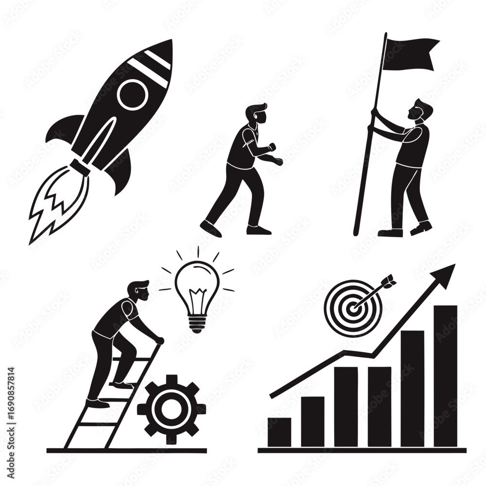Poster set of business concept icons including a rocket launch a person climbing a ladder to a lightbulb a 