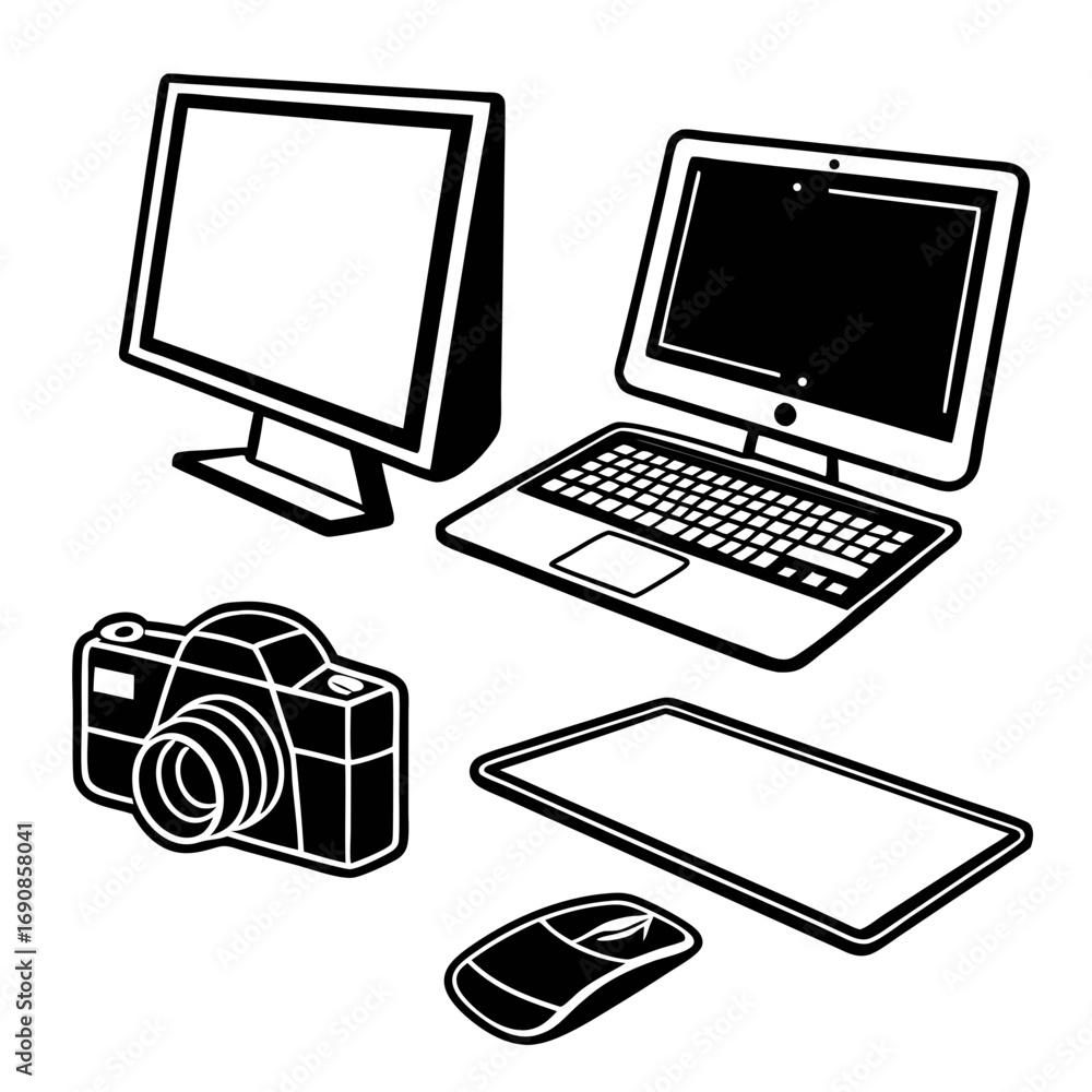 Fototapete a collection of modern electronic devices including a desktop computer monitor a laptop a digital ca