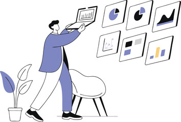 Business analyst man with laptop presenting data analytics charts in scalable vector illustration white background