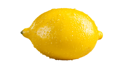 Fresh yellow lemon with water droplets on a white background, cut out transparent