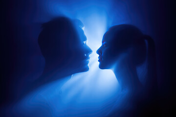 Silhouette of lovers almost kissing surreal artistic style blue glowing light romantic mood dreamy atmosphere emotional connection fantasy abstract portrait side profile ethereal