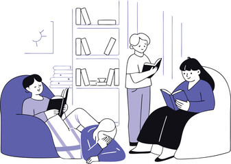 Diverse group of people of various ages and ethnicities enjoying reading together in a cozy space white background