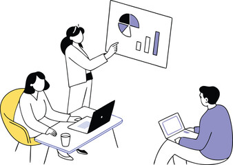 Diverse team collaborating business meeting presentation office setting vector eps illustration white background