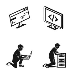 Set of four isometric black and white icons representing computer programming web development coding and data management with a person interacting with technology