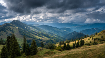 Fototapeta premium Landscape view of green mountains with trees under a cloudy sky above them