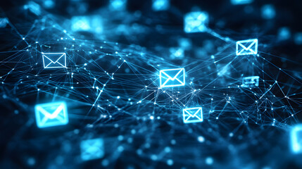 Digital data exchange, email communication, network connection, glowing envelope icon, blue abstract background, technology