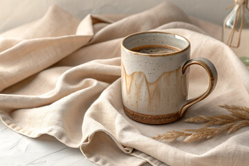 A cup of hot coffee with a spoon on a brown wooden table, perfect for a morning breakfast