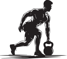 Fit muscular athlete silhouette performing kettlebell exercise dynamic pose training