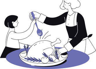 Golden brown roasted chicken dinner family gathering illustration vector eps scalable icon white background