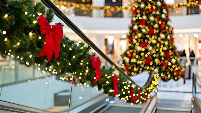 Festive Christmas decorations and a large, brightly lit tree in a modern shopping mall interior