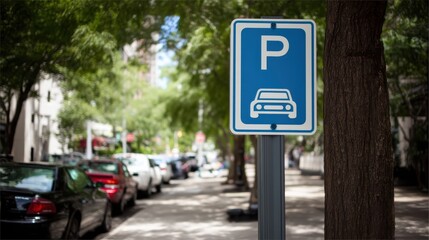 A blue parking sign stands on a shaded city street lined with parked cars, trees, and buildings in the background