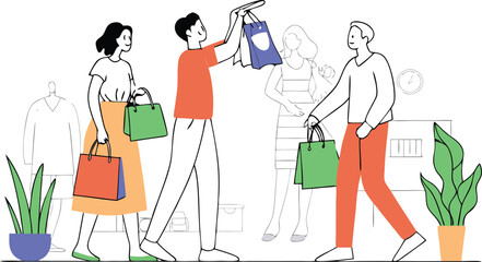 Modern vector illustration of a group of four people enjoying a shopping experience white background
