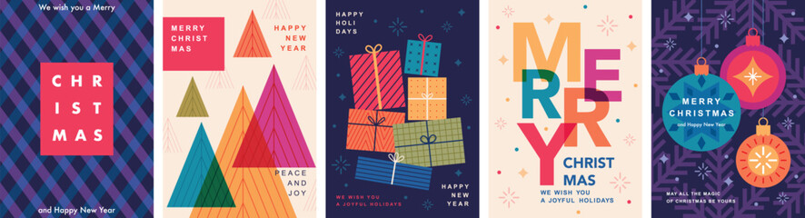 Christmas Minimalist card set - abstract Holidays flyers. Lettering with Christmas and New Year decorative elements. Vector illustration.