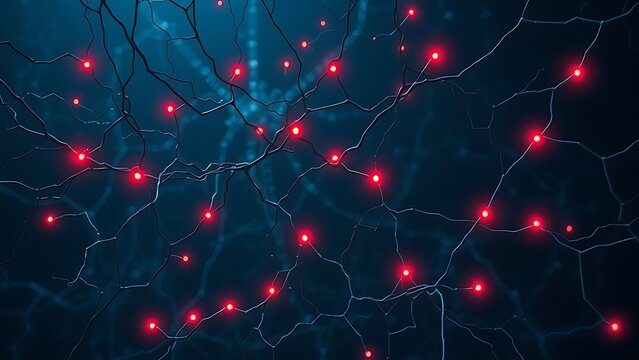 A ghostly neural network with pulsing red warning lights, hinting at future disruptions in connectivity.