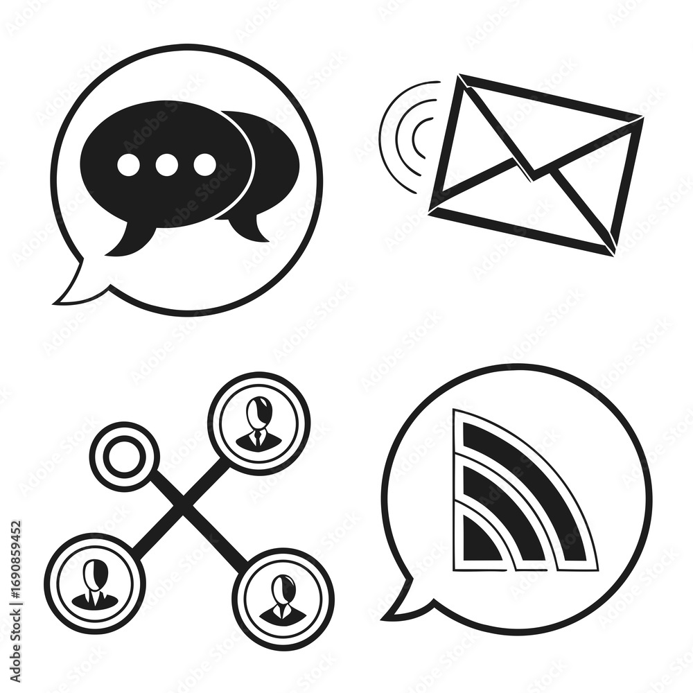 Poster a collection of four black and white communication and connection icons including a chat bubble an e