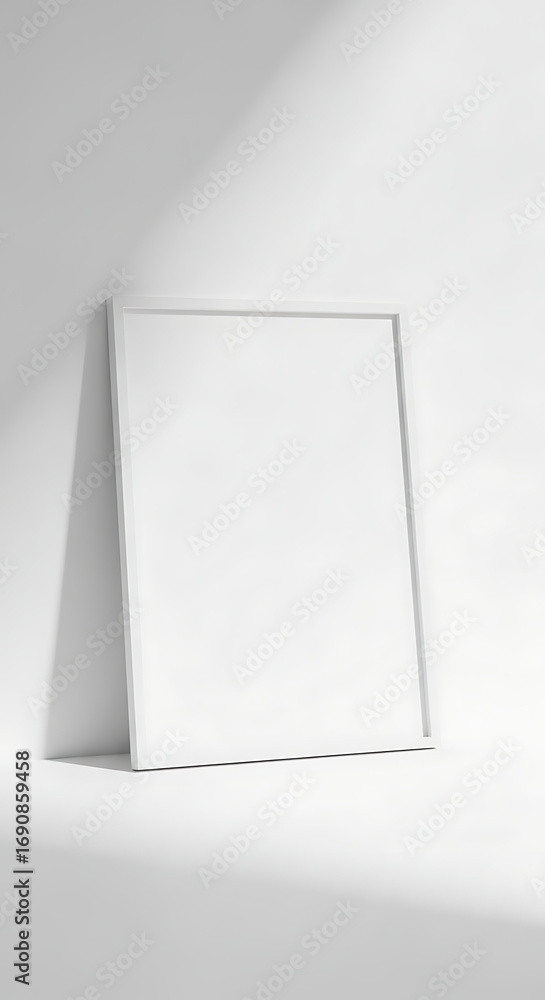 Poster empty white frame mockup with soft shadows on a minimalist wall