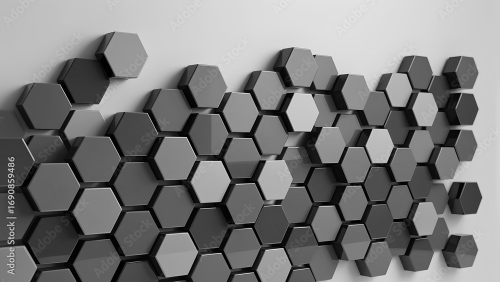 Poster interlocking hexagonal shapes in varying shades of grey form a visually striking modern background. 