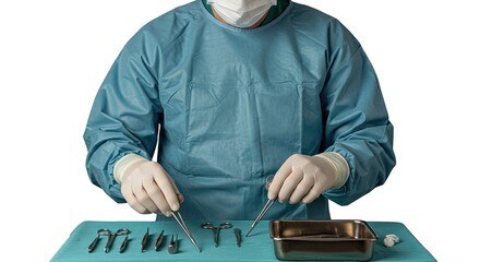 Surgical Instruments Preparation: A Closeup of a Surgeon's Hands in Sterile Gloves Arranging Medical Tools on a Surgical Tray Against a White