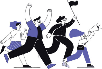 Diverse group of people marching with flag and megaphone vector illustration white background