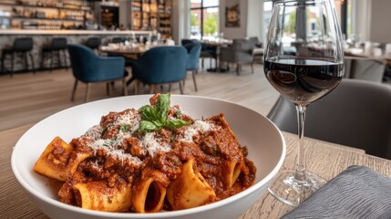 Gourmet pasta dish with rich sauce and parmesan served in an upscale restaurant setting with red wine