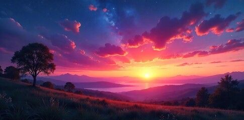 Obraz premium Serene sunrise paints the sky with vibrant hues as stars begin to fade, a breathtaking celestial spectacle of dawn's early light The tranquil landscape awaits the day , awesome, sky, night sky