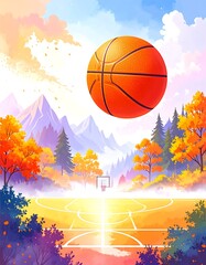 Basketball court in autumn scenery