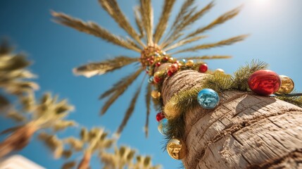 A palm tree decorated with colorful Christmas ornaments and garlands, set against a bright blue sky, creating a festive tropical holiday vibe