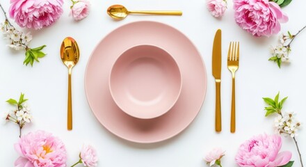 Elegant Pink Place Setting with Golden Cutlery and Floral Accents