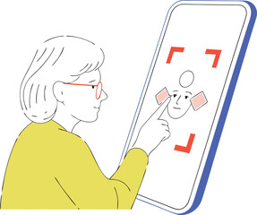 Elderly woman with glasses uses smartphone face recognition technology in scalable vector illustration white background