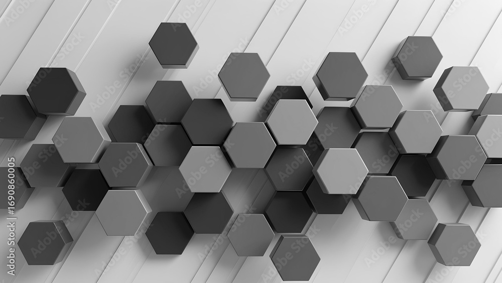 Poster hexagonal shapes in varying shades of grey are arranged in an intricate pattern against a clean whit