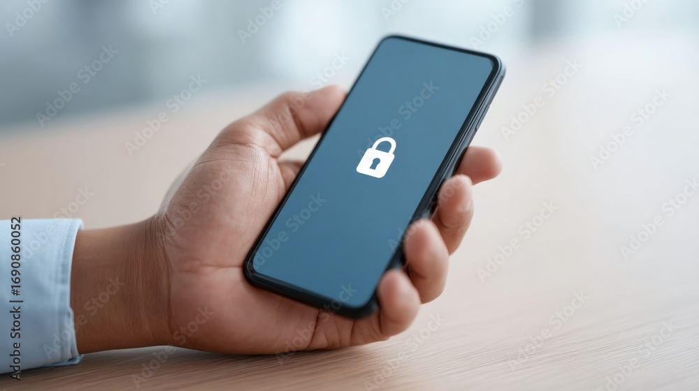 Poster close-up of hand holding modern smartphone with lock icon displayed, symbolizing security and privac