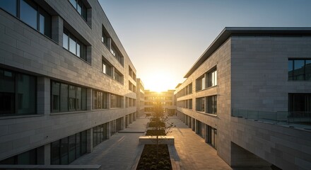 Obraz premium Golden Hour Glow Illuminates Modern Urban Architecture A Serene Perspective of Contemporary Buildings and Thoughtful Design Under a Radiant Sky