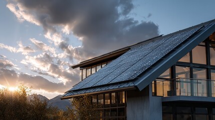Eco-Friendly Modern Home with Solar Panels at sunset with stunning sky and mountain scenery offering green energy.