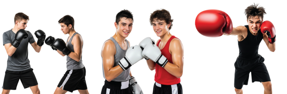 A dynamic photo collage featuring energetic teenagers engaged in boxing, showcasing strength, determination, and youthful fitness