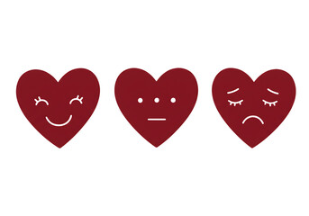 Three hearts with different emotions isolated on transparent background
