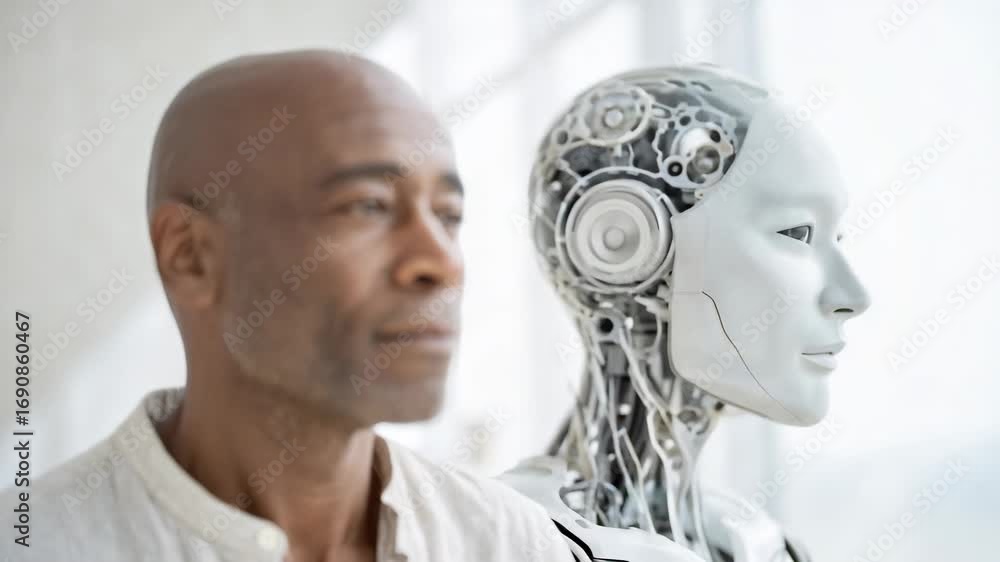 Poster engineer observes a sophisticated humanoid robot, showcasing the advancements in artificial intellig
