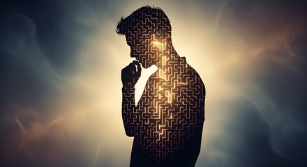 Introspective silhouette with glowing labyrinth inside, contemplating complex thoughts