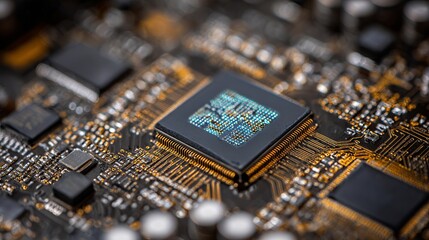 Obraz premium Sophisticated semiconductor chip technology displaying intricate circuit patterns for advanced computing with detailed electronic motherboard components and hardware connectivity.